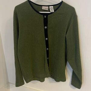 L.L. Bean Olive Green Fleece Cardigan with Black Trim